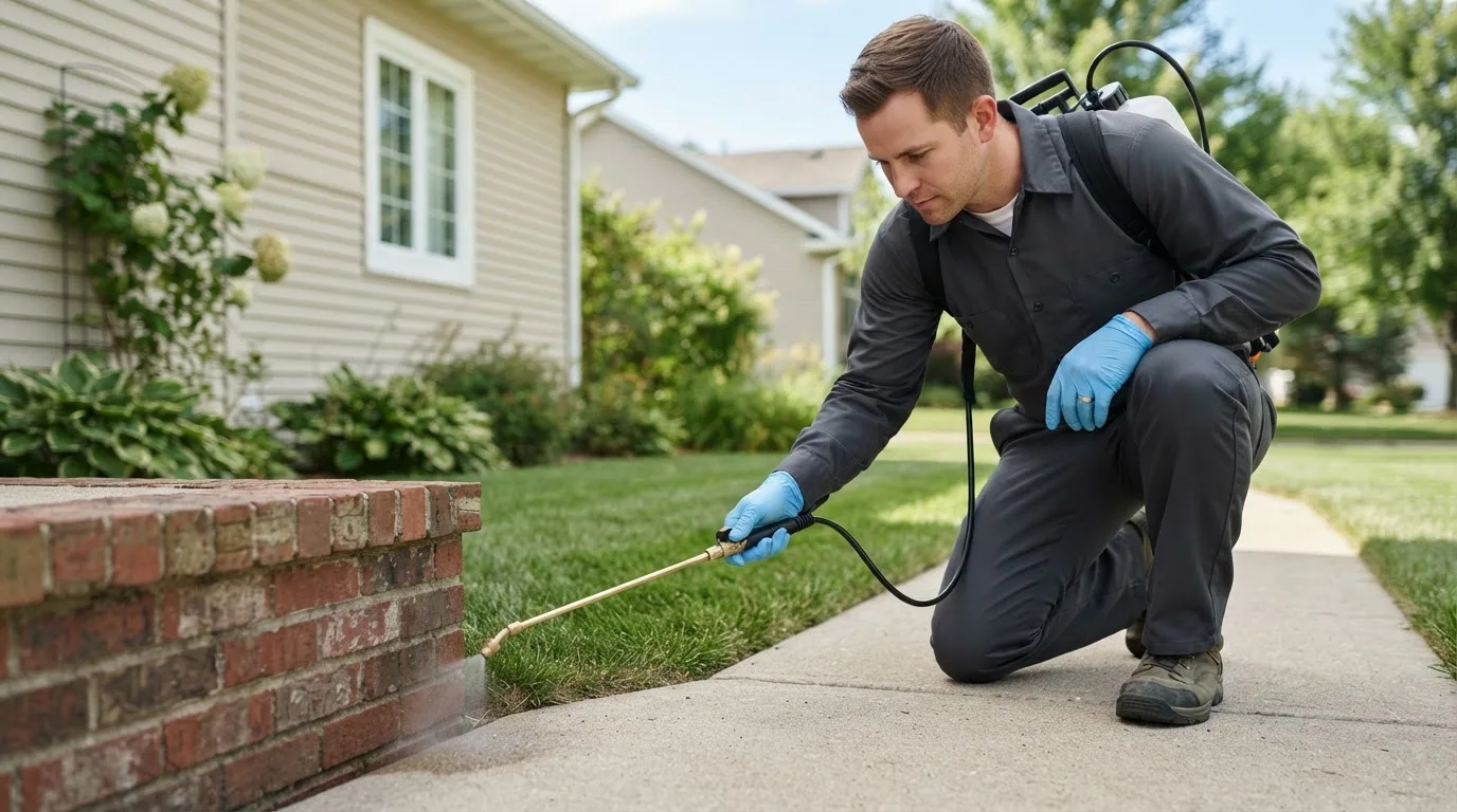 Pest control technician treating a home near Edroy, TX