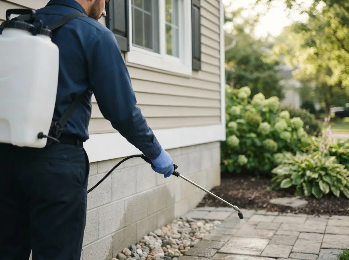 Pest control technician inspecting a home in Edroy, TX